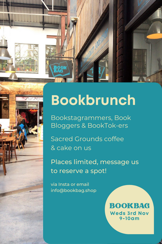 Bookbrunch invite from Bookbag Exeter image of shop arcade with teal graphic with soft yellow text