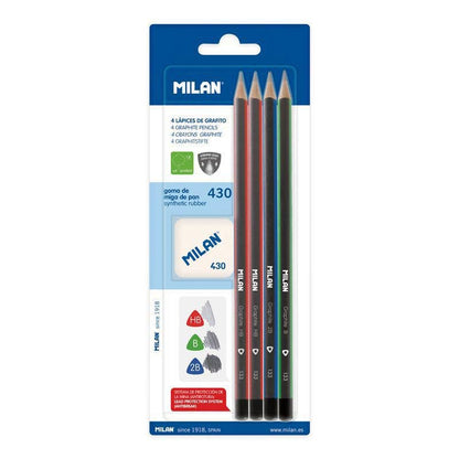 Milan Graphite Pencil Set with 430 Eraser – HB, B & 2B Leads